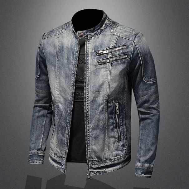 Loom Cross-Border Trendy Brand Men's Denim European And American Casual Retro Plus Size Stand Collar Zipper Jacket Cycling_viptrois.com