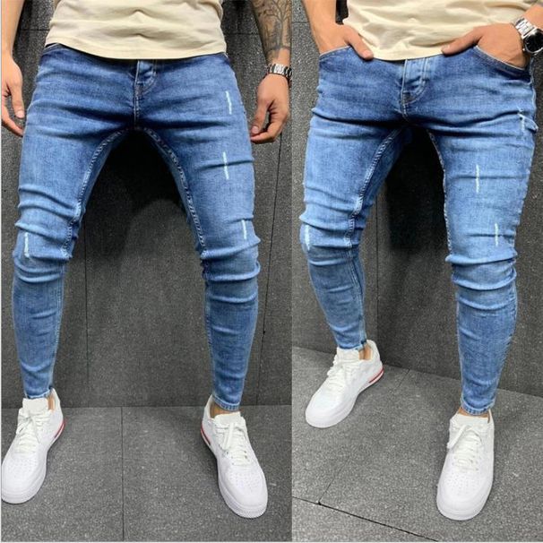Men's Stretch Skinny Jeans With Distressed Frayed Hem, Comfortable Slim Fit Denim Pants_viptrois.com