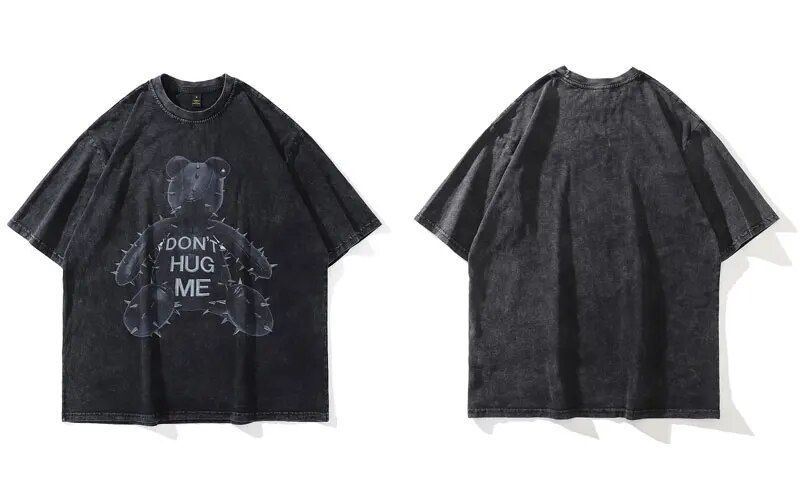 2023 Hip Hop Oversized Streetwear Vintage T-shirts Bear Printed Gothic Washed Short Sleeve T Shirt Summer Punk Cotton Male Tops_viptrois.com