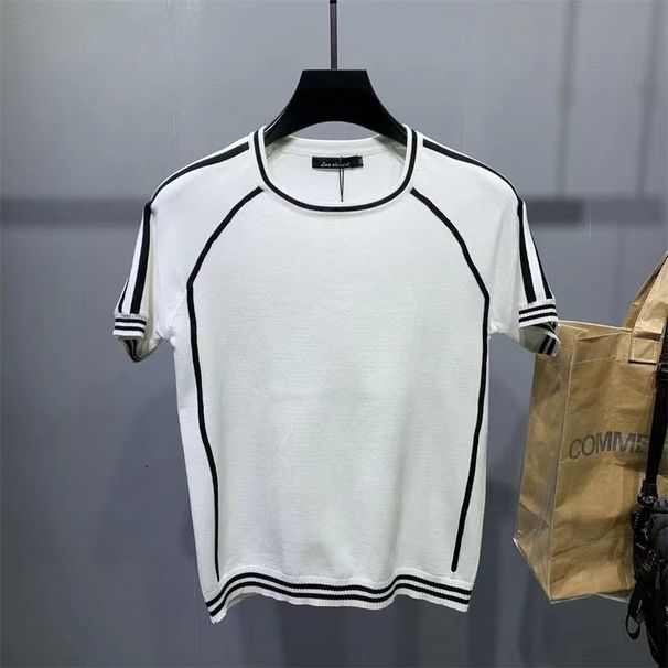 Letter Embroidery Trendy Men's Short-sleeved T-shirt Korean Version Slim-fit Half-sleeved Knitted Sweater_viptrois.com