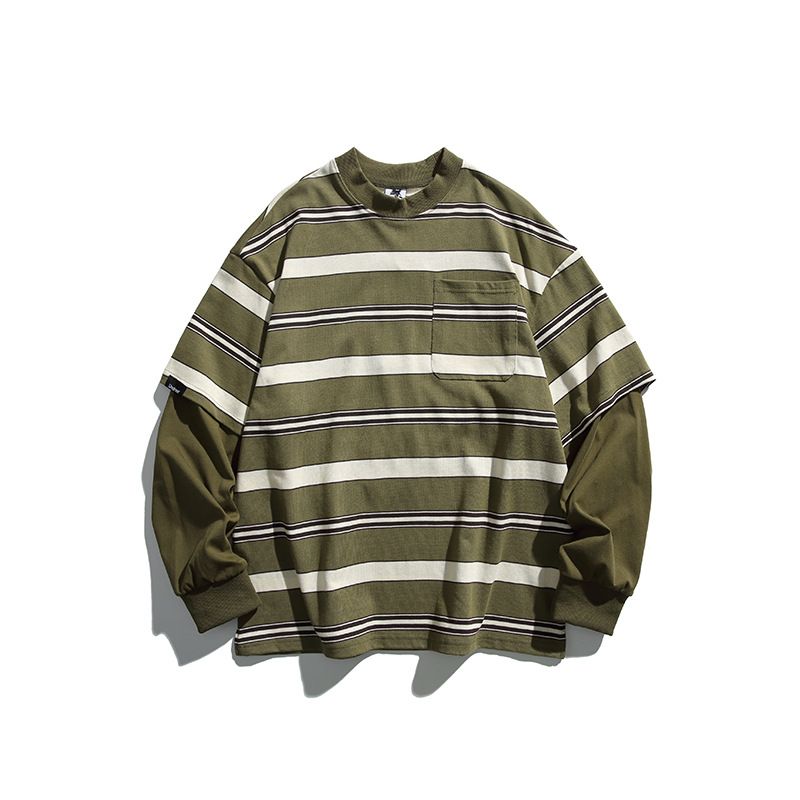 Nanxia Disguise 2024 Spring New Japanese Style Outdoor Striped Two-Piece Round Neck Top Trendy Patchwork Sweatshirt_viptrois.com