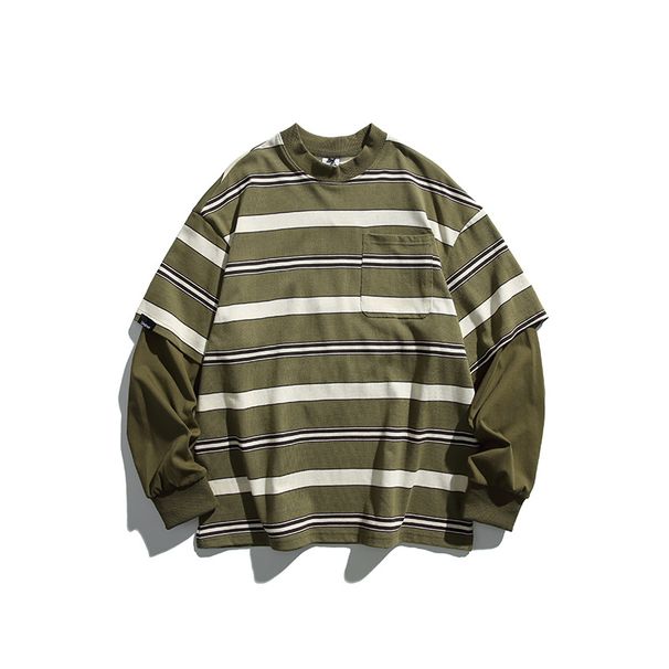 Nanxia Disguise 2024 Spring New Japanese Style Outdoor Striped Two-Piece Round Neck Top Trendy Patchwork Sweatshirt_viptrois.com