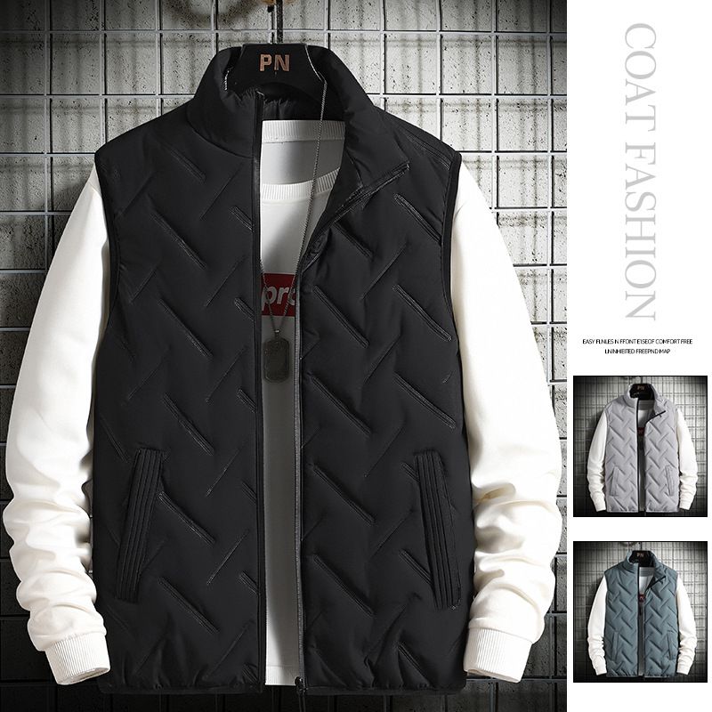 Men's Fashion Vest – Thick Cotton Padded Winter Waistcoat, Embossed Design, Lightweight & Warm (Black, Light Gray, Pea Green, Sizes M-5XL)_viptrois.com