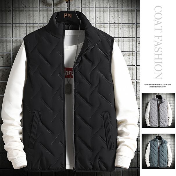 Men's Fashion Vest – Thick Cotton Padded Winter Waistcoat, Embossed Design, Lightweight & Warm (Black, Light Gray, Pea Green, Sizes M-5XL)_viptrois.com