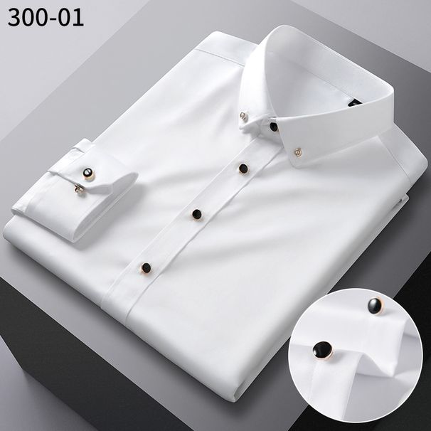 Men's Stretch Dress Shirt With Rhinestone Buttons – Wrinkle-Resistant, Slim Fit, Business Casual & Korean-Inspired Style_viptrois.com