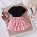 Kid's Clothing Summer Girl Suit Bow Print Short Sleeve Pink Puffy Skirt New Two Piece Suit_viptrois.com