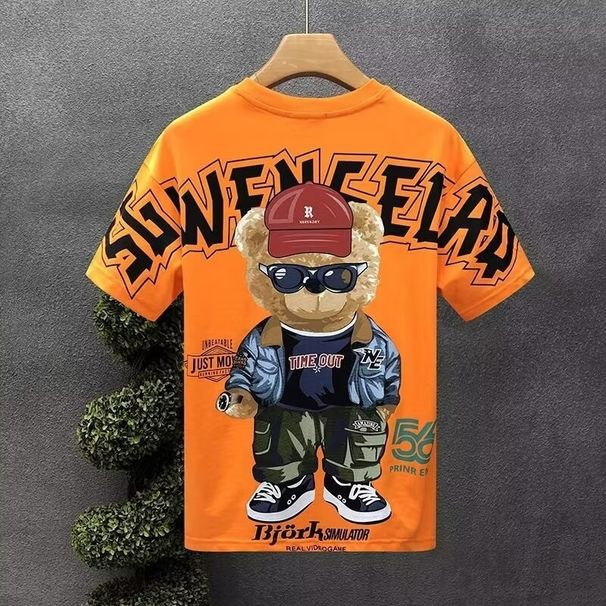 Men's Clothing High Quality Drop Shoulder Cotton T Shirt Men's Summer New Trendy Brand Half Sleeved Top Fun Cartoon Bear Short Sleeved T_viptrois.com