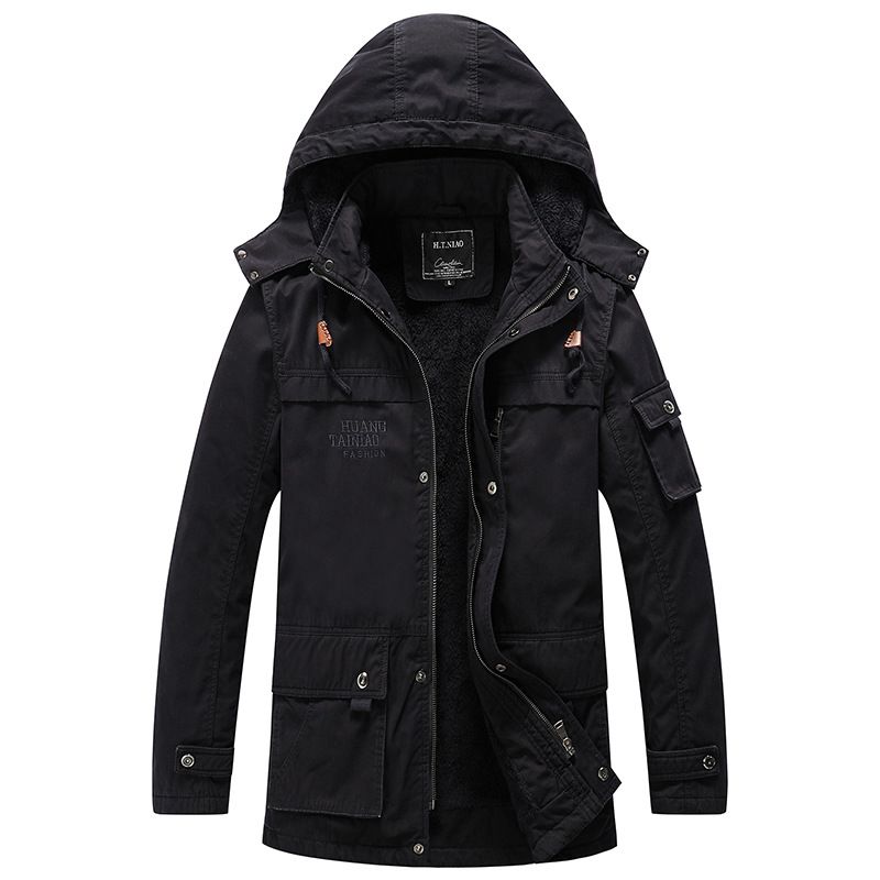Men's Heavyweight Washed Cotton Jacket – Fleece-Lined Winter Coat With Hood (Army Green/Navy/Khaki)_viptrois.com