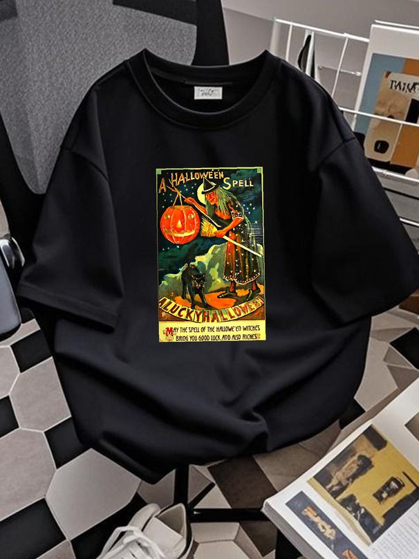 Vintage Halloween Spell Witch Monster Halloween Party T-Shirt Print Round Neck Short Sleeve Summer Graphic Versatile Soft Designer Clothes Top For Everyday Wear Stylish T-Shirt For Women Casual Slightly Female Fashion Streetwear Casual Unisex_viptrois.com