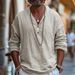 Men's Black Cotton Linen Henley Collar T-Shirt Long Sleeved Loose Fit Breathable Versatile Vacation Style Top New_viptrois.com