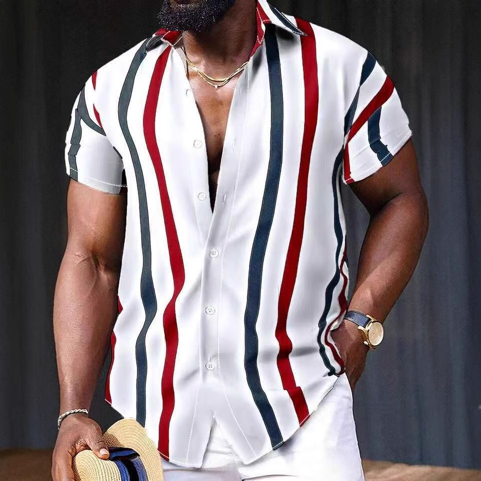 Men's Clothing Youth Casual Daily Loose Tops Short Sleeved Striped 3D Printed Shirt_viptrois.com