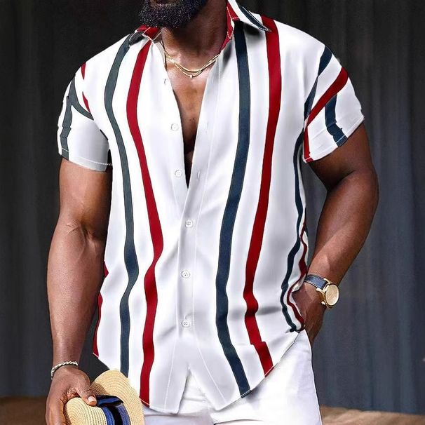Men's Clothing Youth Casual Daily Loose Tops Short Sleeved Striped 3D Printed Shirt_viptrois.com