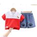 2025 New Summer Children's Men's Color Contrasting Bear Short Sleeve Cartoon Round Neck Top Shorts Two Piece Set_viptrois.com