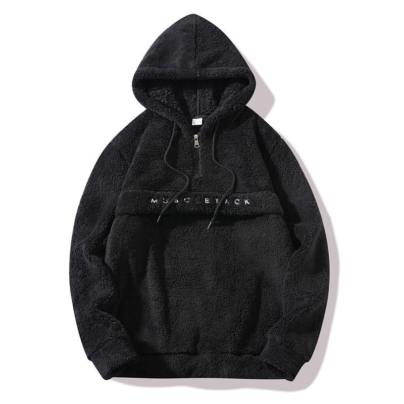 Men's Fleece-Lined Hooded Pullover Sweatshirt - Half-Zip, Drawstring Hood, Winter Streetwear, 100% Polyester (Gray/Black/Navy/Orange)_viptrois.com