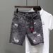 Denim Shorts Men's Instagram Summer Thin Korean Version Trendy Slim Fit Black Gray Beggar Scratch Hole Five Piece Pants_viptrois.com