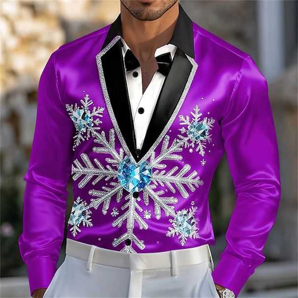 Camisa De Hombre Con Adorno De Cristal De Copo De Nieve Impreso En 3D, Diseño Elegante, Perfecta Para Fiestas, Reuniones Y Eventos Nocturnos_viptrois.com