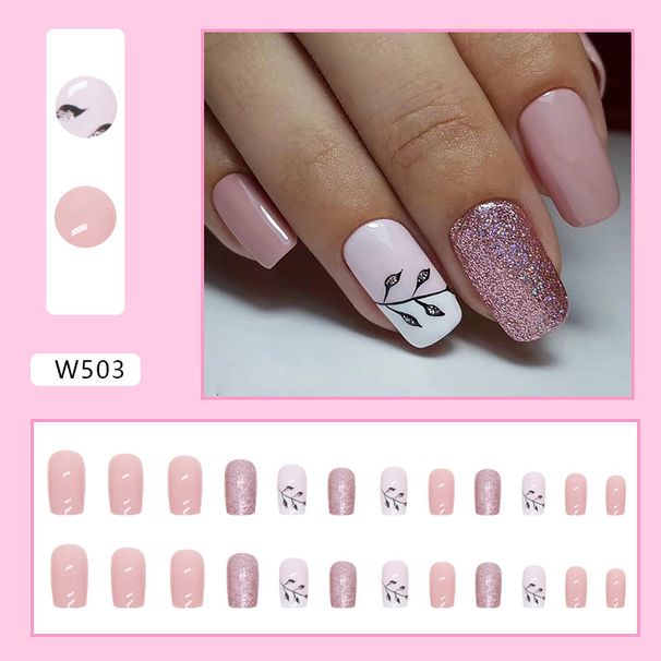Nails Art Square Nude Flash Full Armor Black Leaf Silhouette Simple Fashion Ins Style Sweet Wear Armor_viptrois.com