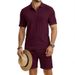 Breathable Stretch Men's Polo Shirt & Shorts Set, Summer Casual Textured Jacquard Knit Outfit For Daily Wear_viptrois.com