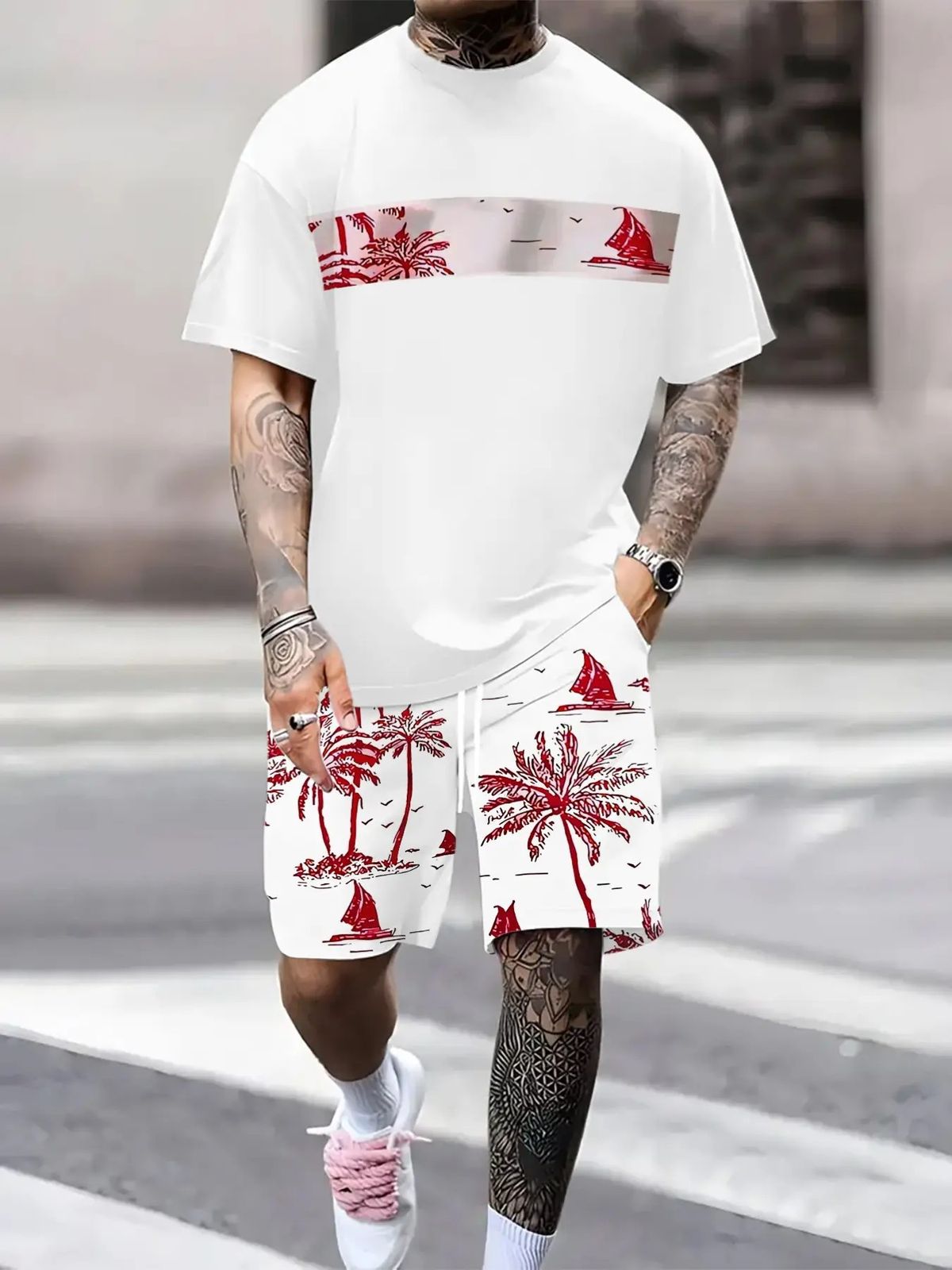 Summer Sailing Suit For Men Crew Neck Short Sleeve Top And Shorts Set Digital 3D Printing Size_viptrois.com
