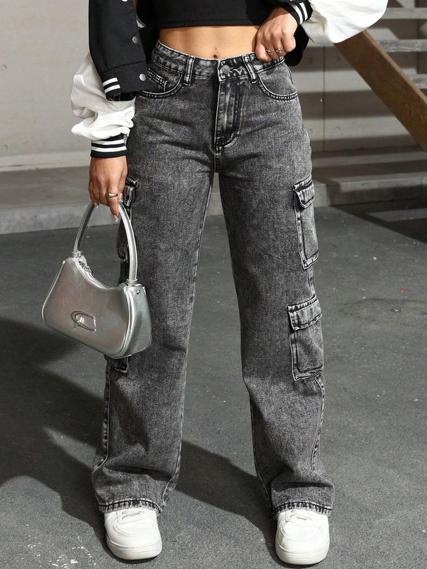 Cross-border Exclusive For European American And : Teenage Women's Washed Irregular Denim Multi-pocket_viptrois.com
