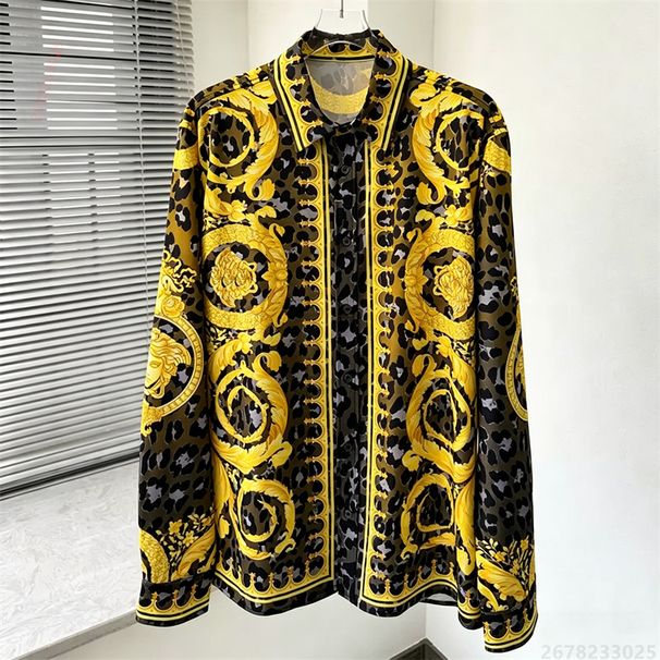 Camisa De Hombre 2026, Negra Con Estampado De Leopardo Barroco Dorado, Manga Larga, Holgada, A La Moda, Para Fiestas_viptrois.com
