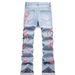 Men's Flared Jeans Retro 70s Style High Waist Wide Leg Denim Pants With Embroidered Plum Blossom Design - Light Blue_viptrois.com