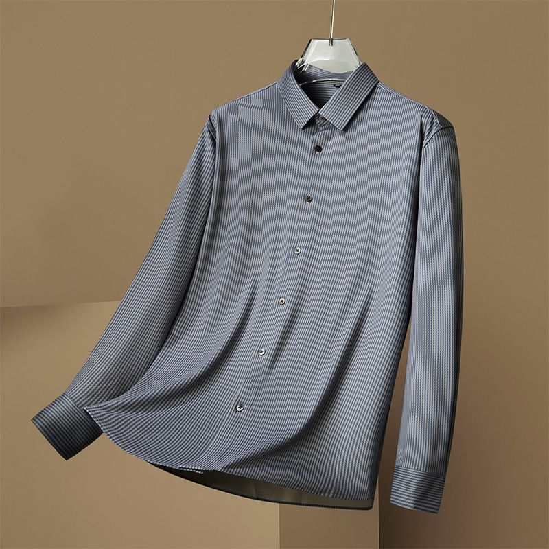 Men's Clothing Plus Size Elastic Long Sleeve Cashmere Striped Shirt Men's Casual Lapel Business Plus Size Shirt_viptrois.com