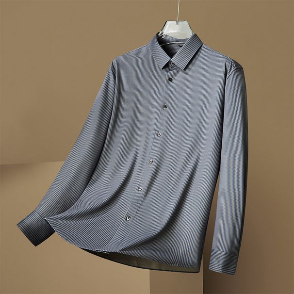 Men's Clothing Plus Size Elastic Long Sleeve Cashmere Striped Shirt Men's Casual Lapel Business Plus Size Shirt_viptrois.com