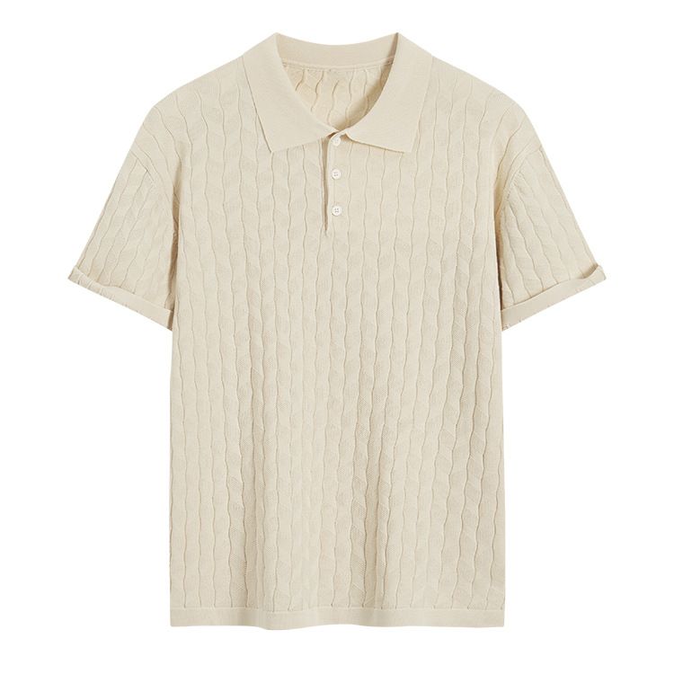 Minimalist Textured Polo Knit Shirt (Breathable Viscose Blend, Relaxed Fit, Antimicrobial, Ribbed Hem, Old Money Aesthetic, Unisex Summer Essential)_viptrois.com