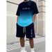 Men's 3D Digital Print T-Shirt & Shorts Set With Summer Gradient Letter Pattern, Trendy Two-Piece Outfit_viptrois.com