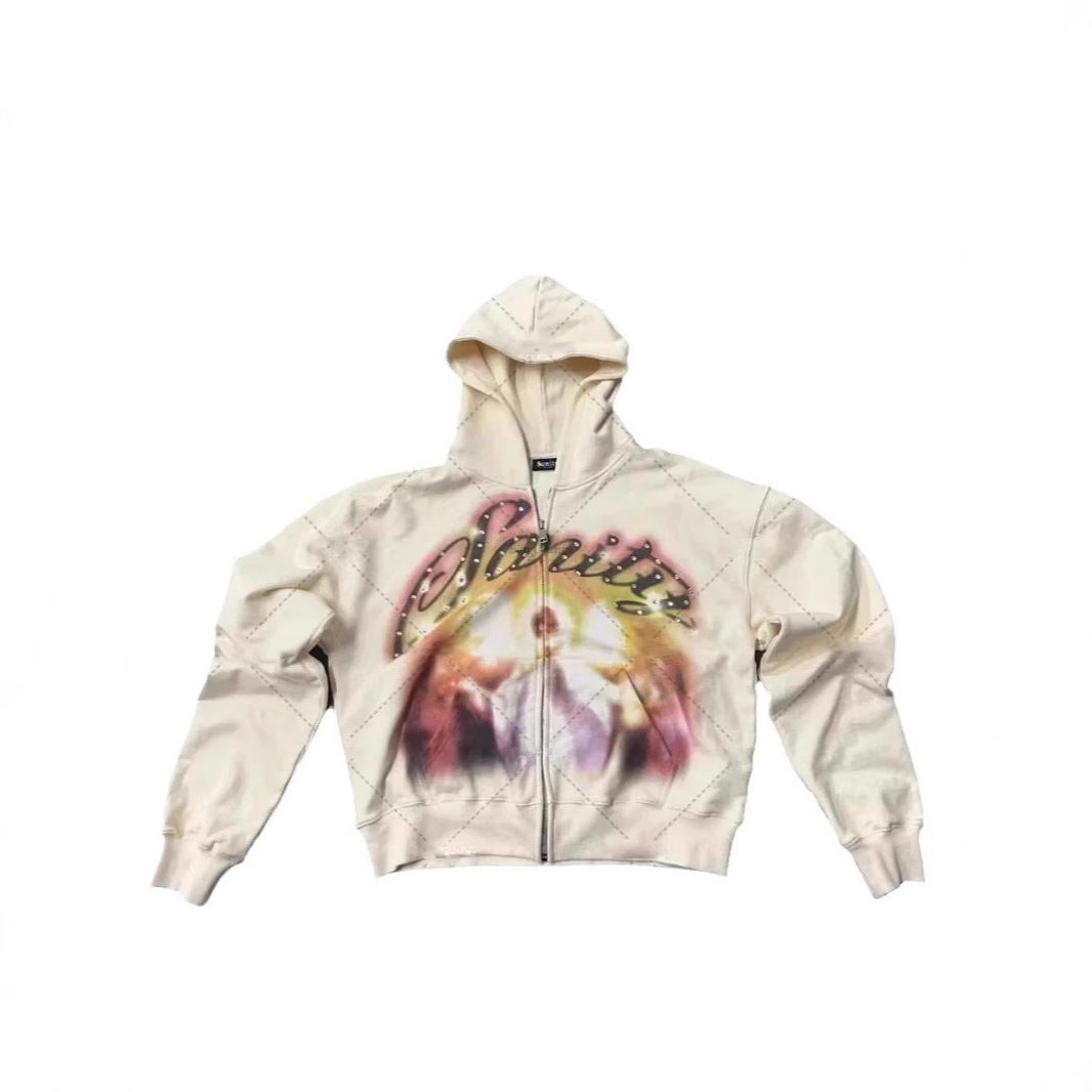 Y2k Graffiti Hoodie – Unisex Oversized Zip-Up Sweatshirt With Angel Print (Black/White) – Retro Streetwear, Breathable Polyester, Drop-Shoulder Fit_viptrois.com