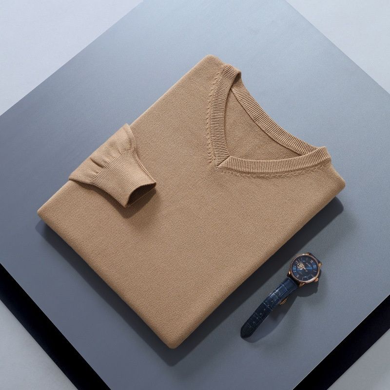 Pure 2024 Autumn Winter V-Neck Pullover Men's Sweater Plus Size Long Sleeve Basic Knitted Base Shirt_viptrois.com