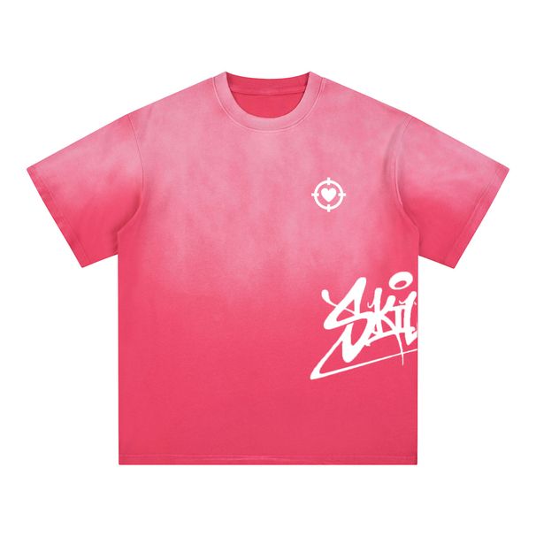 Men's Clothing 250g Heavyweight Pure Cotton BBSU T Shirt, Crew Neck, Short Sleeve, Loose Fit, Washed Gradient T Shirt With Heart Print_viptrois.com