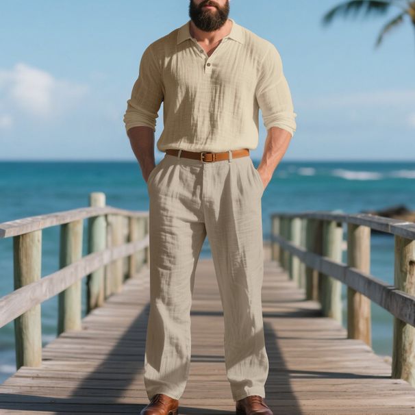 Men's Linen Casual Suit Set - Relaxed Fit Long Sleeve Polo & Trousers For Autumn (Light Blue, Black, White, Gray, Beige) - S-XXXL_viptrois.com