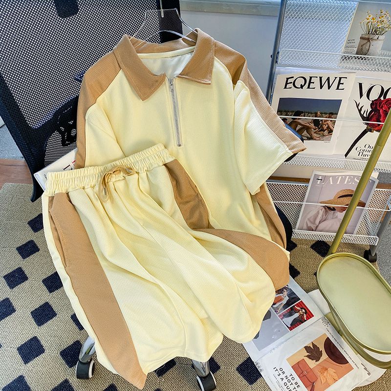 Men's Clothing Waffle sports suit summer men's clothing color matching lapel short sleeved T shirt set with handsome casual shorts_viptrois.com