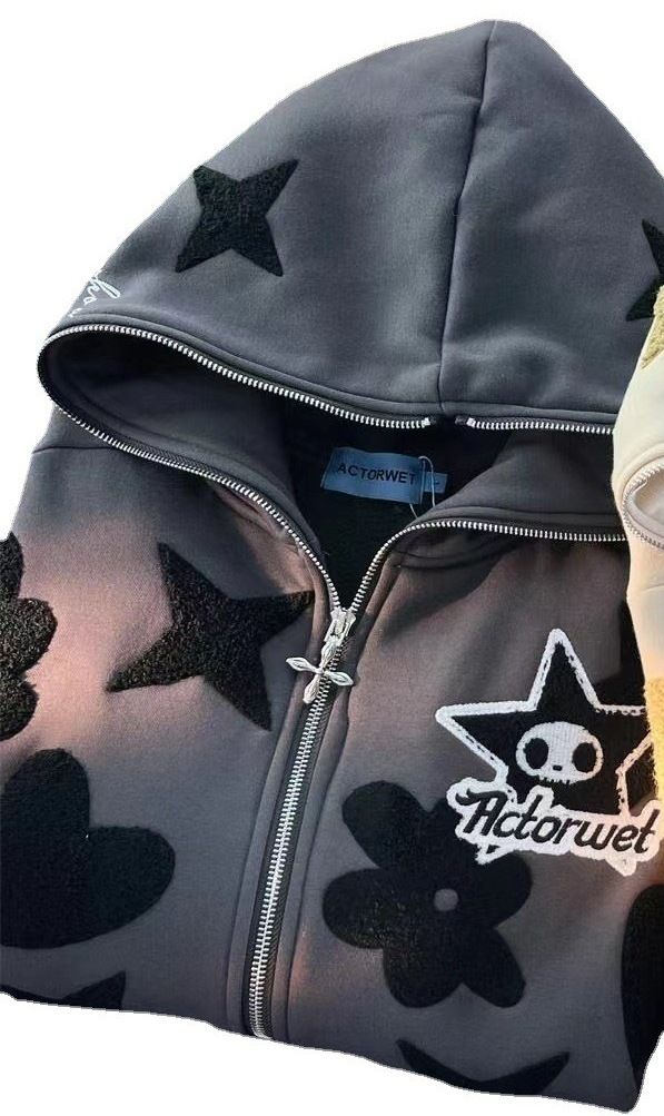 2023 New Star Pattern Print Full Face Zipper Harajuku Zip-Up Hoodie Sweatshirt Jacket_viptrois.com