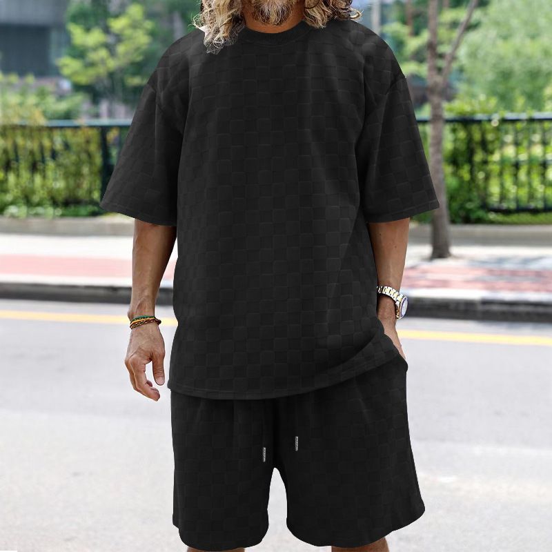 Men's Clothing Jacquard Checkerboard Solid Color Short Sleeved Shorts Suit_viptrois.com
