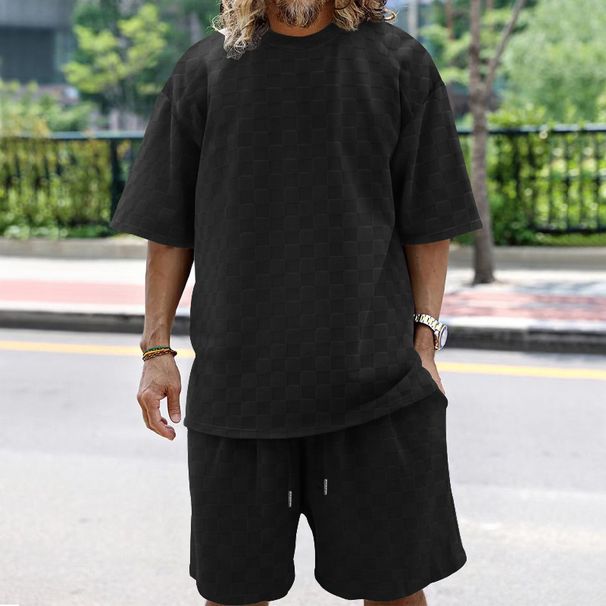 Men's Clothing Jacquard Checkerboard Solid Color Short Sleeved Shorts Suit_viptrois.com