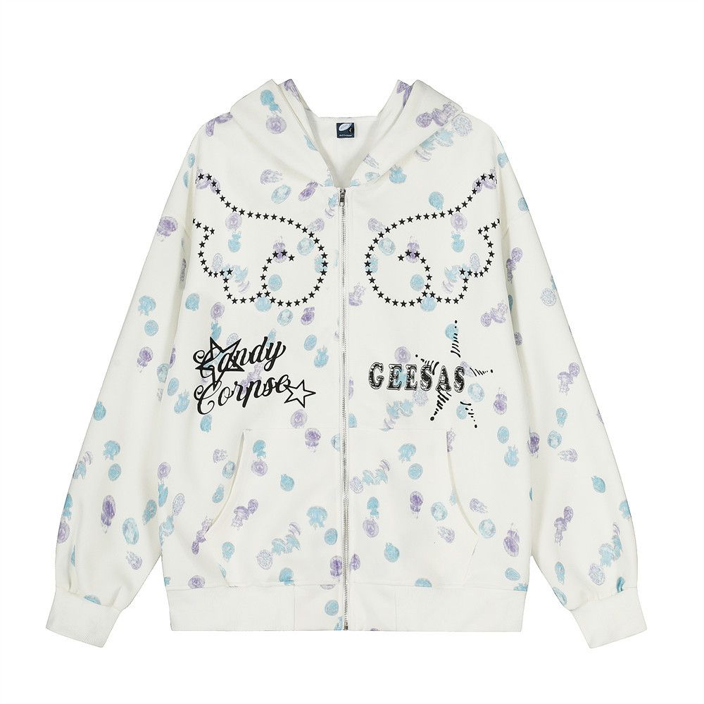 Full Cartoon Digital Print Hooded Cardigan Sweatshirt Loose Fit Men's Vibe Trendy American Design Zipper Jacket_viptrois.com