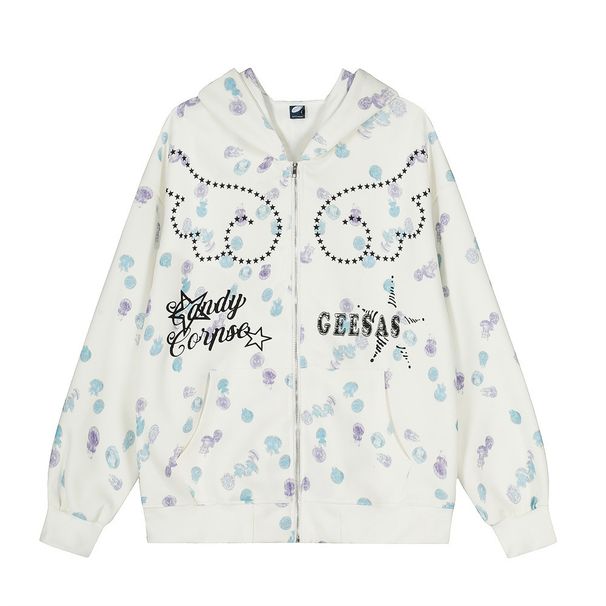 Full Cartoon Digital Print Hooded Cardigan Sweatshirt Loose Fit Men's Vibe Trendy American Design Zipper Jacket_viptrois.com