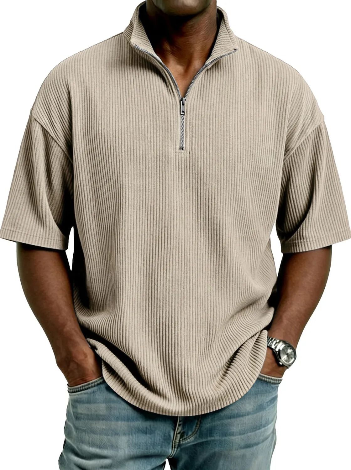 Men's Clothing Simple Corduroy Stand Collar Men's Summer Corduroy Short Sleeve Shirt – Relaxed Fit Zip-Up Stand Collar In 10 Colors_viptrois.com
