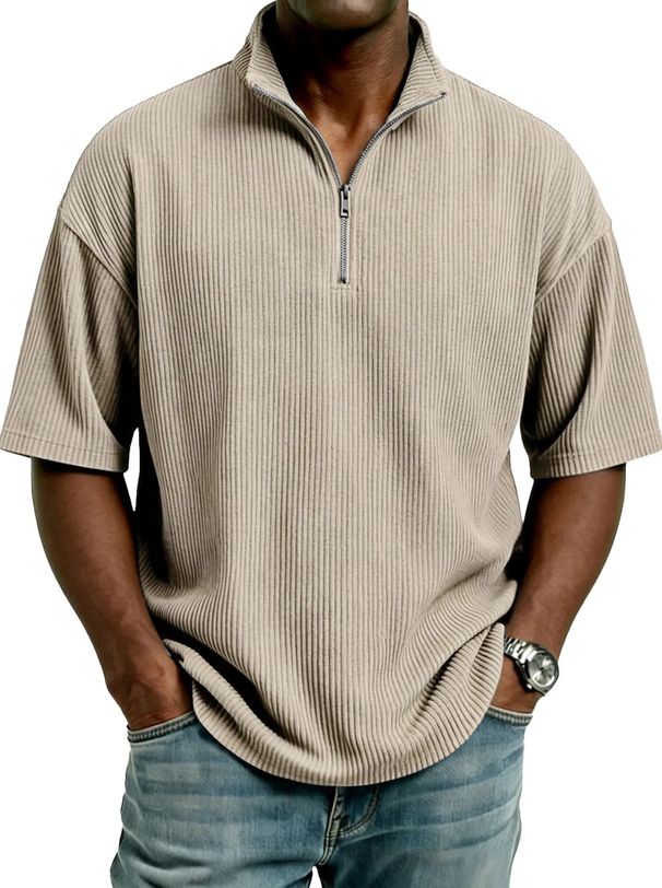 Men's Clothing Simple Corduroy Stand Collar Men's Summer Corduroy Short Sleeve Shirt – Relaxed Fit Zip-Up Stand Collar In 10 Colors_viptrois.com