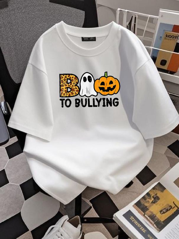 Boo To Bullying Halloween Ghost Anti Bully Unity Day Orange T-Shirt Top For Everyday Wear Print Round Neck Short Sleeve Summer Comfortable Stretched Female Streetwear Unisex Stylish Designer Clothes Slightly Casual Women Fashion Women Top Graphic Tees_viptrois.com