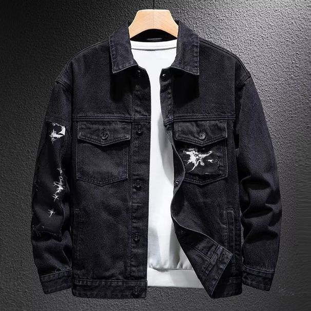 High Street Denim Jacket Men's Clothing Spring And Autumn New Motorcycle Lightning Splicing Jacket Black Trendy Brand_viptrois.com