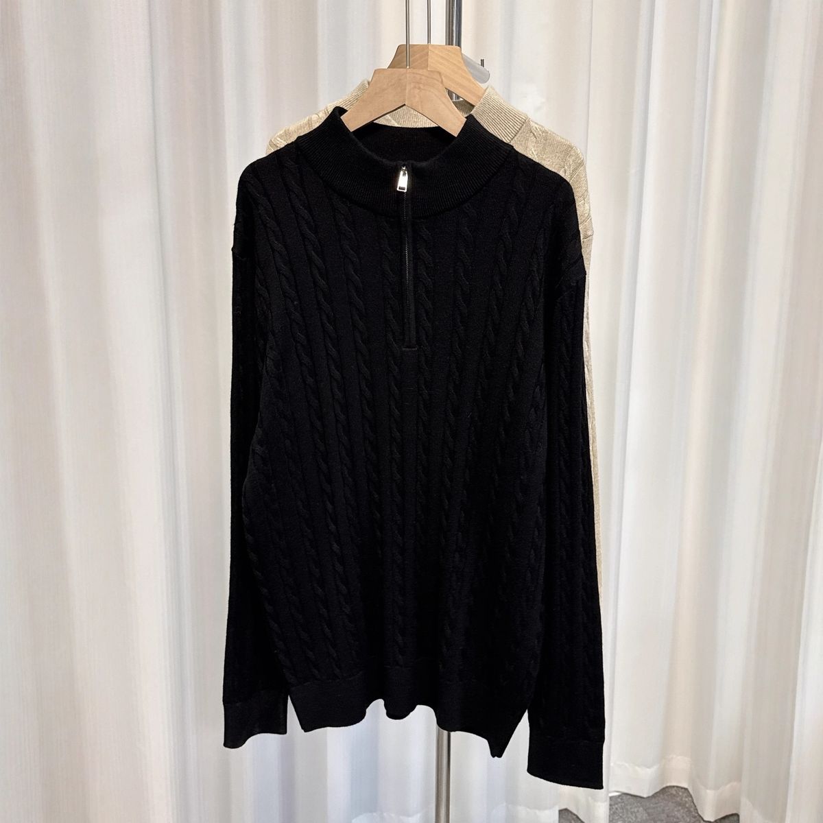 Men's Half-Zip Cable Knit Sweater – Winter Wool Pullover, Casual Long Sleeve Top For Autumn & Winter (Black, Clay)_viptrois.com