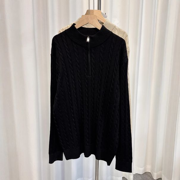 Men's Half-Zip Cable Knit Sweater – Winter Wool Pullover, Casual Long Sleeve Top For Autumn & Winter (Black, Clay)_viptrois.com