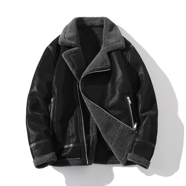 Men’s Oversized Faux Shearling Jacket – Streetwear Winter Coat With Zip Closure (Sizes M-5XL, Black)_viptrois.com