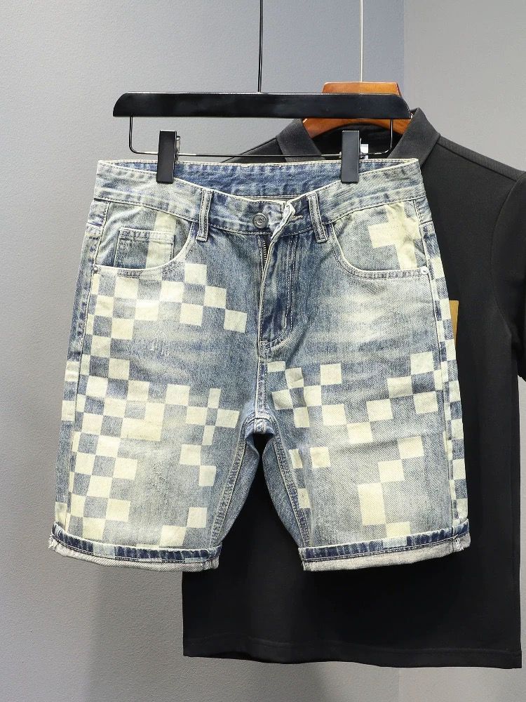 Men's Clothing Denim Shorts Thin Trendy Personality All Match Slim Breeches Printed Handsome Shorts_viptrois.com