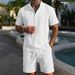 Men's Cuban Collar Linen Shirt & Shorts Set - Breathable Cotton-Linen Blend For Summer (White/Black/Khaki/Sky Blue/Pink)_viptrois.com