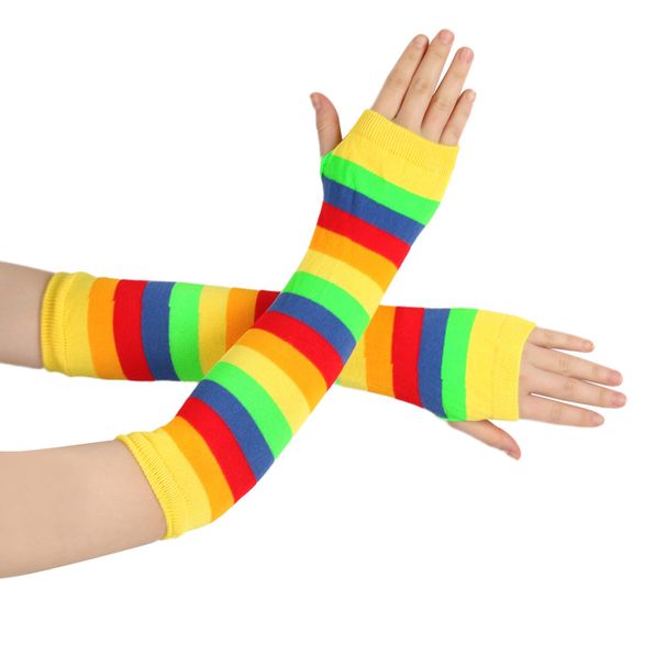 Unisex Colorful long gloves Holiday Party Party Rainbow wrist sleeve Fingerless gloves Colorful striped sleeves_viptrois.com